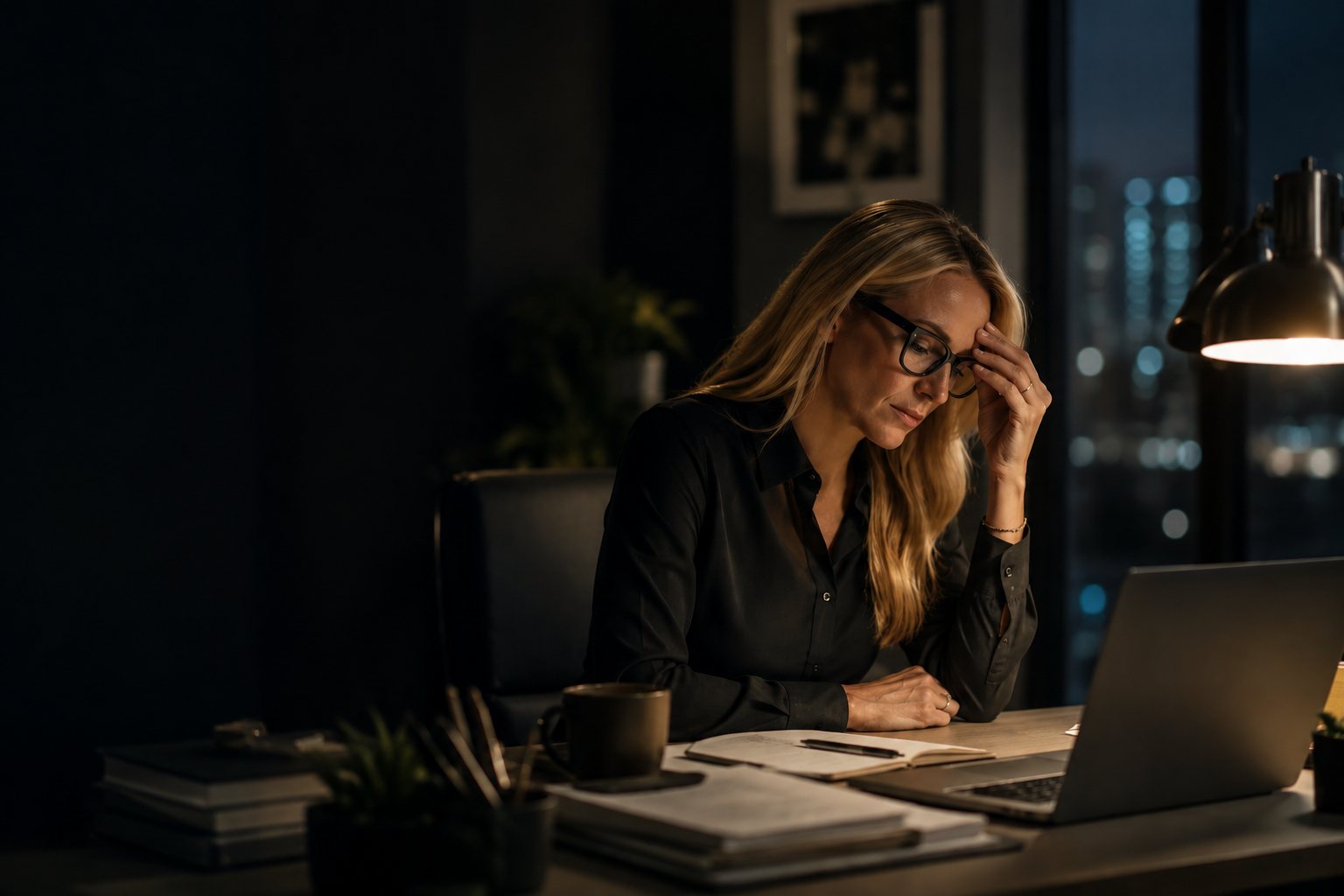 Professional experiencing burnout late at night